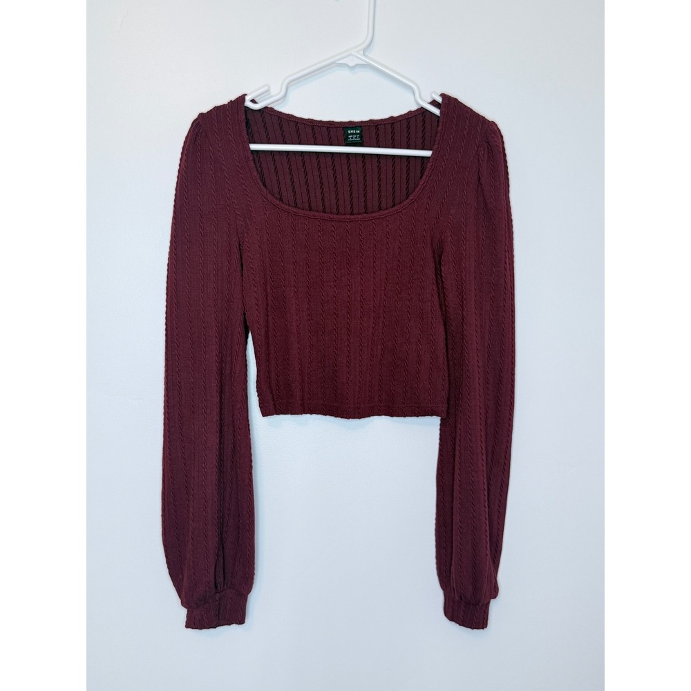SHEIN Burgundy Cable Knit Square Neck Balloon Sleeve Crop Top Small